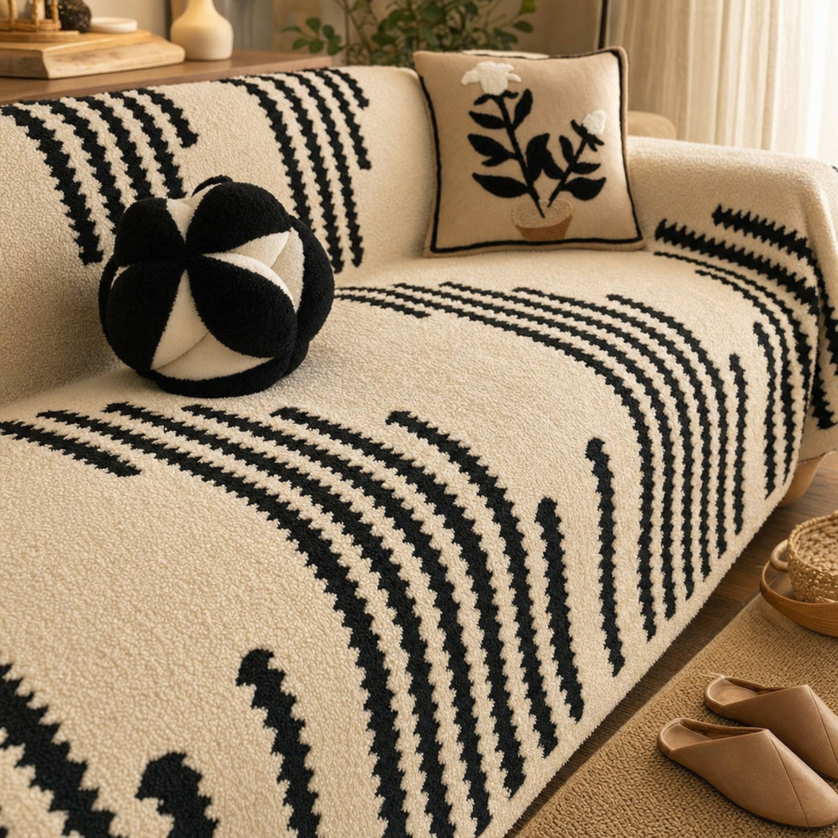 Close-up of the soft plush velvet and black zigzag stripes of the Verdelisse sofa cover