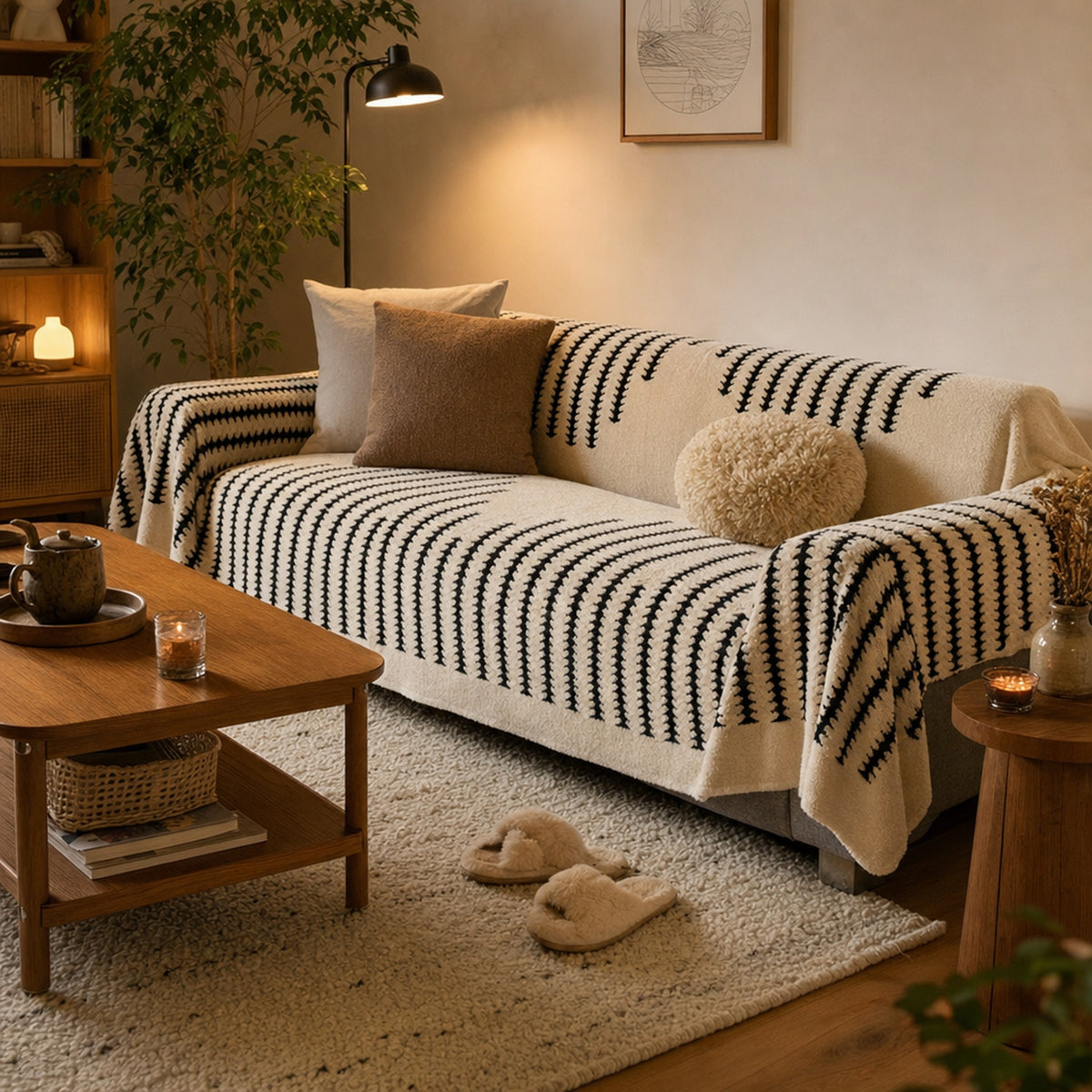 Cozy living room with the Verdelisse beige and black striped sofa cover on the sofa