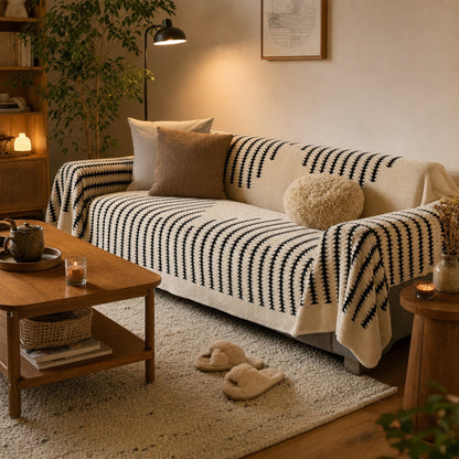 Cozy living room with the Verdelisse beige and black striped sofa cover on the sofa