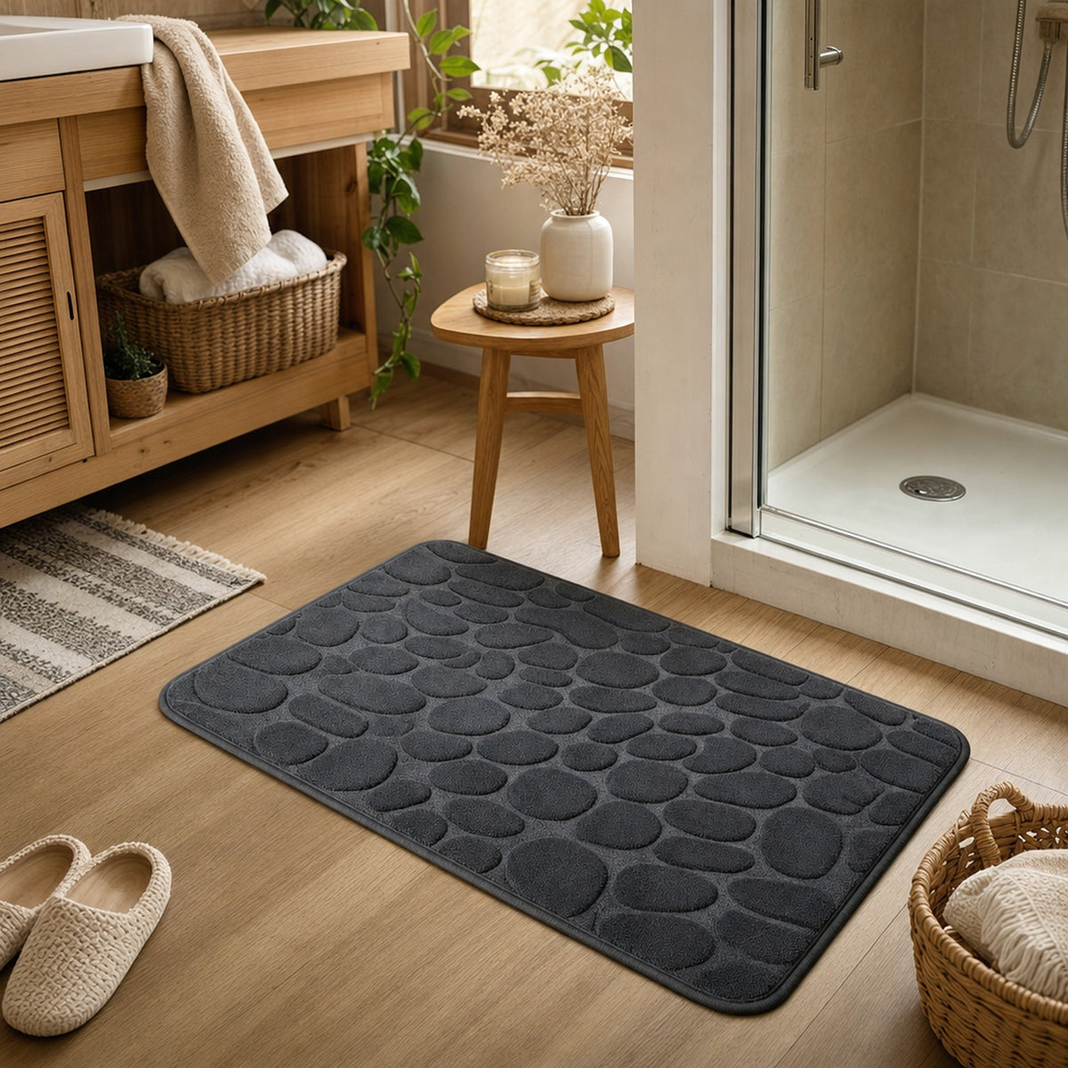 Verdelisse Stone Bath Mat in Dark Gray in front of a walk-in shower in a warm bathroom