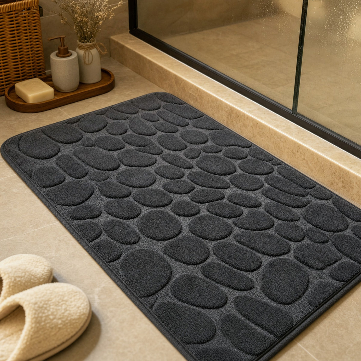 Verdelisse Stone Bath Mat in Dark Gray, close-up of the raised pebble pattern