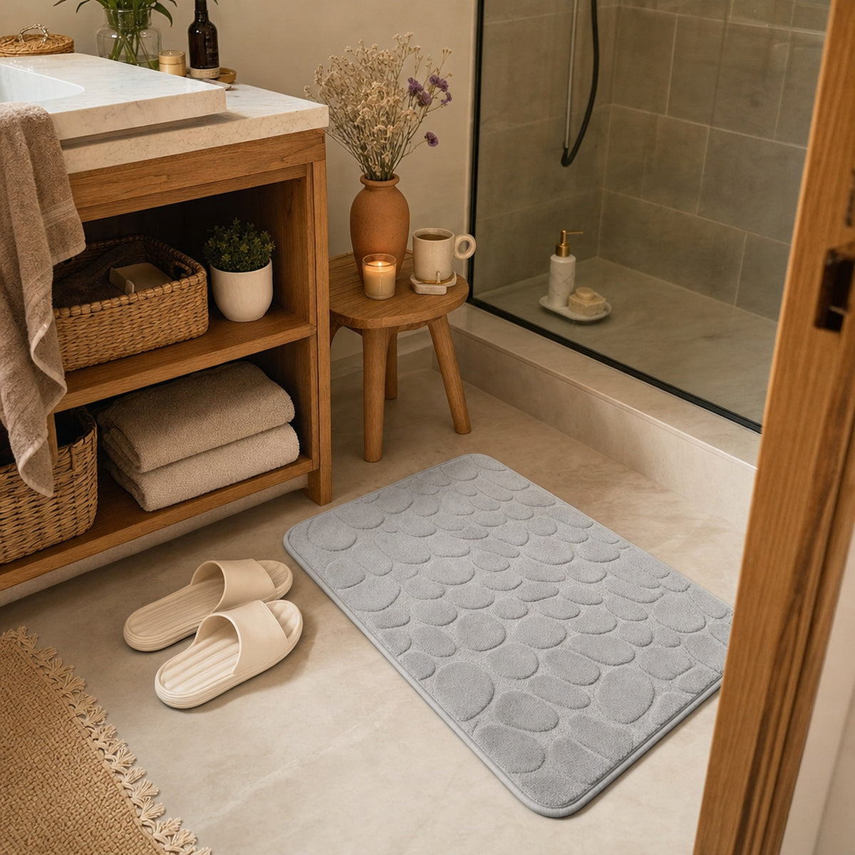 Verdelisse Stone Bath Mat in Light Grey in a cozy bathroom