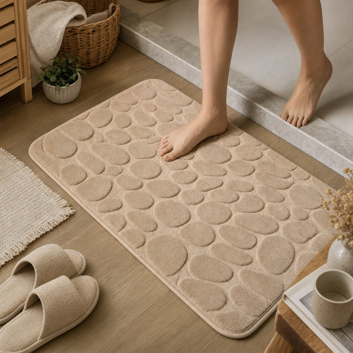 Verdelisse Stone Bath Mat in Camel, bare feet stepping onto it after a shower