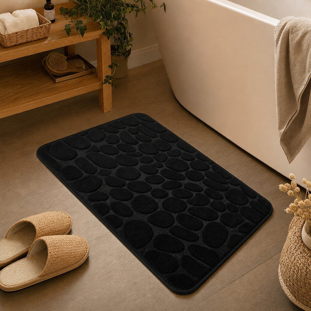 Verdelisse Stone Bath Mat in Black next to the bathtub