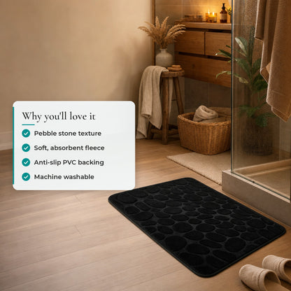 Verdelisse Stone Bath Mat: Pebble stone texture, Soft, absorbent fleece, Anti-slip PVC backing, Machine washable