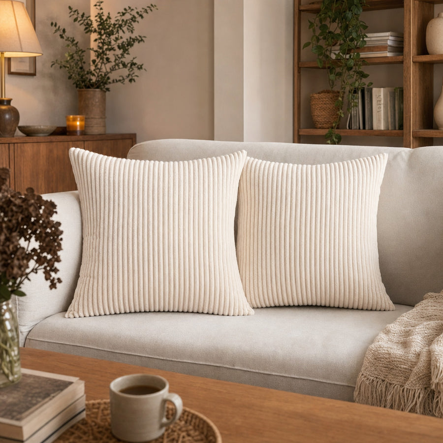 Verdelisse Corduroy Cushion Covers in Cream White, set of 2 on a cozy sofa