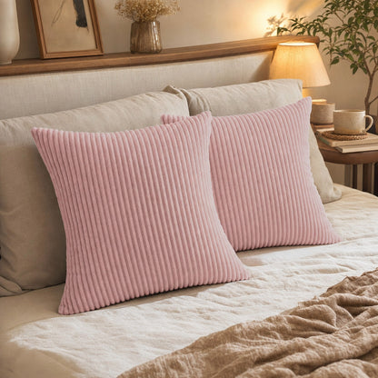 Verdelisse Corduroy Cushion Covers in Pink, set of 2 in a cozy room