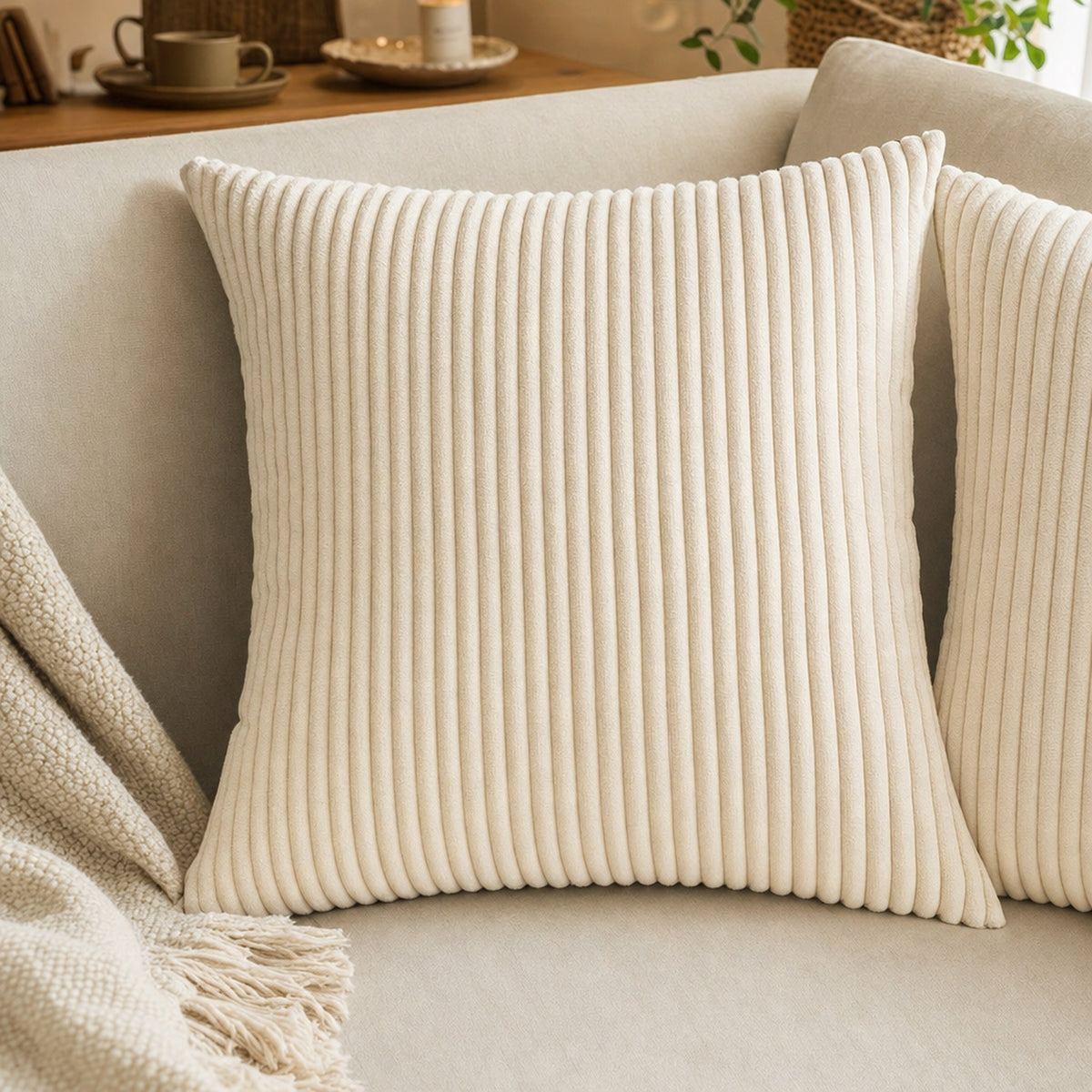 Verdelisse Corduroy Cushion Covers in Cream White, close-up of the soft corduroy ribs