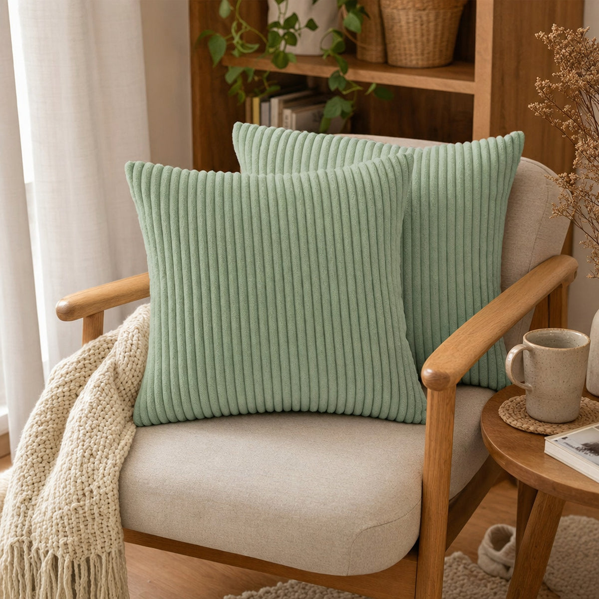 Verdelisse Corduroy Cushion Covers in Green, set of 2 in a cozy room