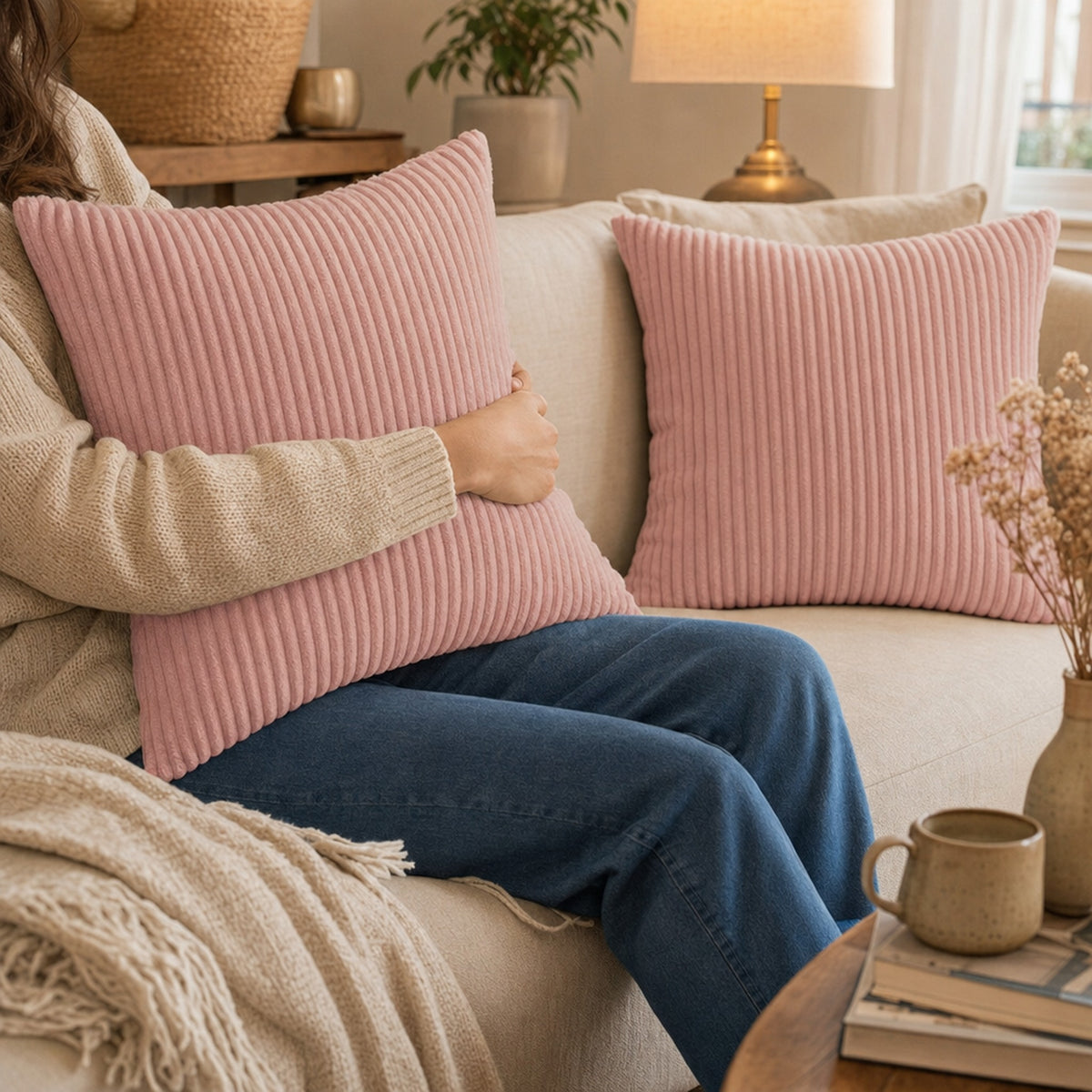 Verdelisse Corduroy Cushion Covers in Pink, in everyday use