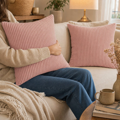 Verdelisse Corduroy Cushion Covers in Pink, in everyday use