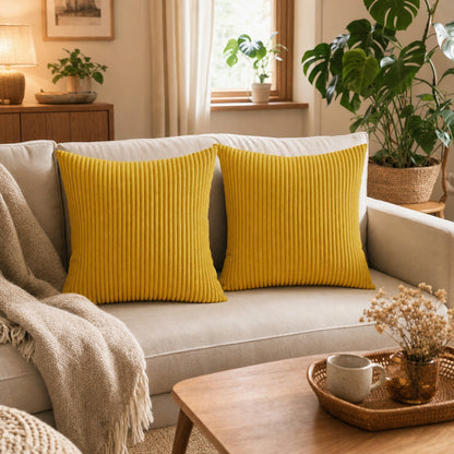 Verdelisse Corduroy Cushion Covers in Yellow, styled in a warm living room