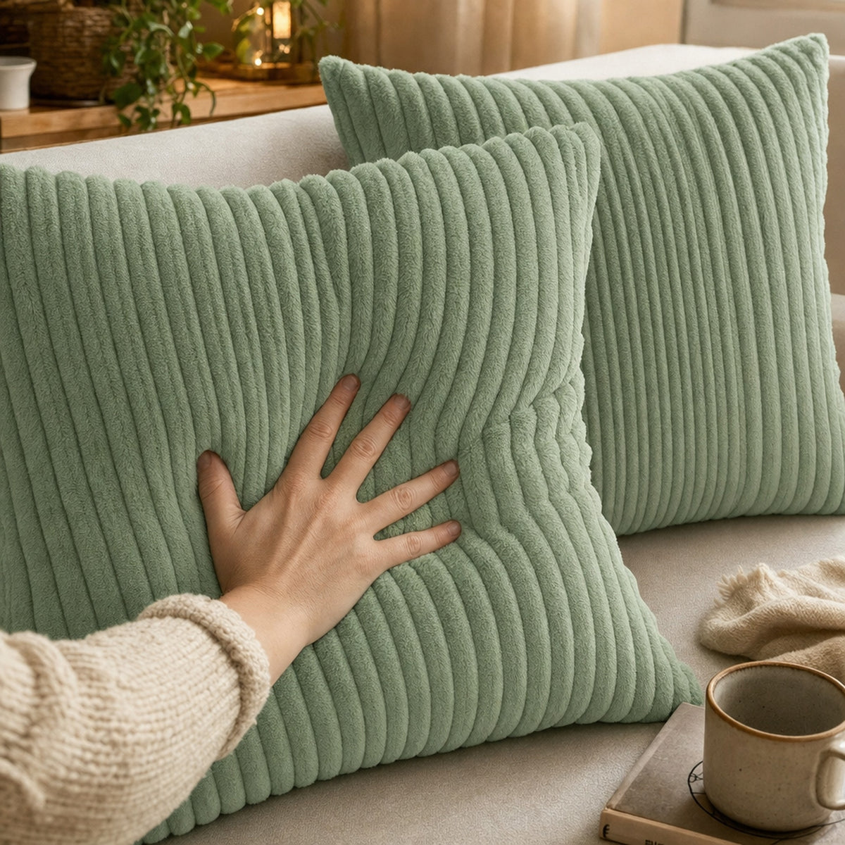 Verdelisse Corduroy Cushion Covers in Green, hand pressing into the plush corduroy ribs