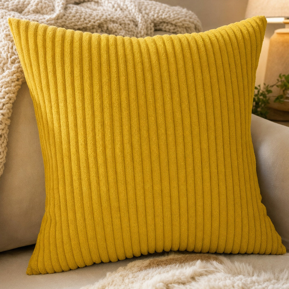 Verdelisse Corduroy Cushion Covers in Yellow, close-up of the soft corduroy ribs