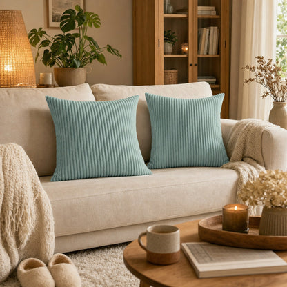 Verdelisse Corduroy Cushion Covers in Blue, styled in a warm living room