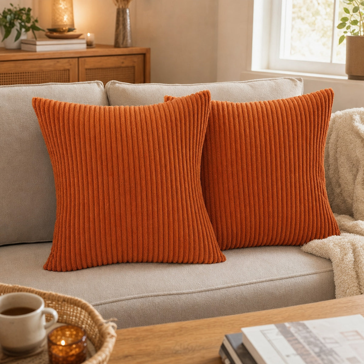 Verdelisse Corduroy Cushion Covers in Orange, set of 2 in a cozy room