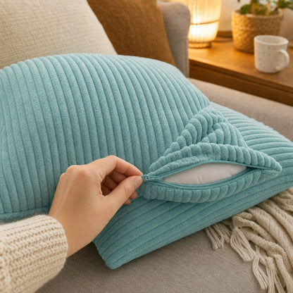 Verdelisse Corduroy Cushion Covers in Blue, hand opening the hidden zipper along the bottom edge of the cover