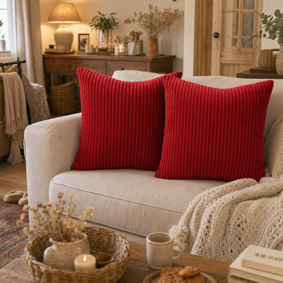 Verdelisse Corduroy Cushion Covers in Red, styled in a warm living room