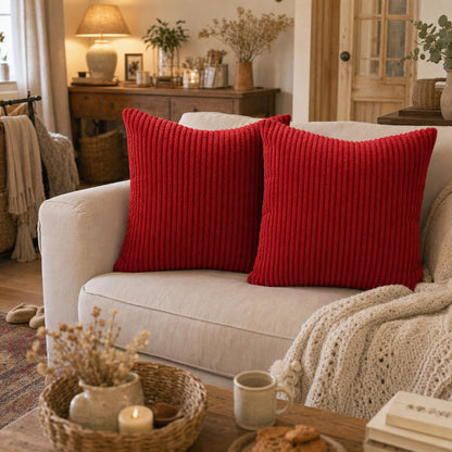 Verdelisse Corduroy Cushion Covers in Red, styled in a warm living room