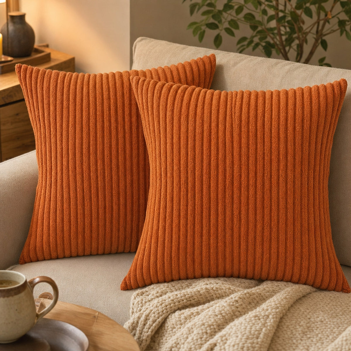 Verdelisse Corduroy Cushion Covers in Orange, close-up of the soft corduroy ribs