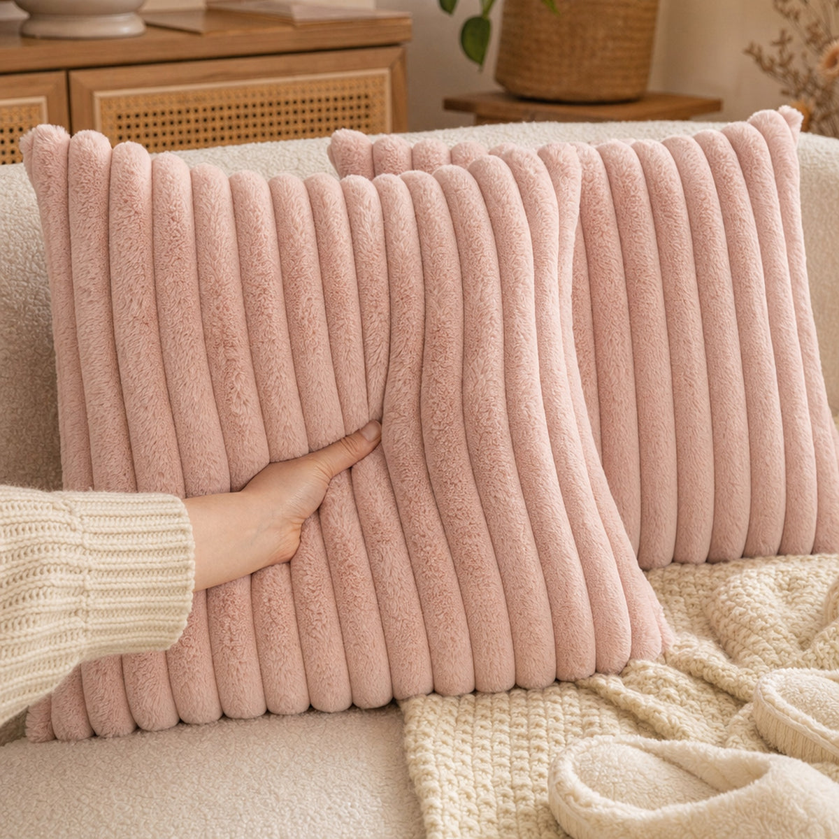 Verdelisse faux fur throw pillow cover in Pink, close-up of the soft plush and raised stripes