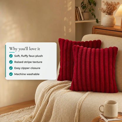 Verdelisse faux fur throw pillow covers: soft fluffy faux plush, raised stripe texture, easy zipper closure, machine washable