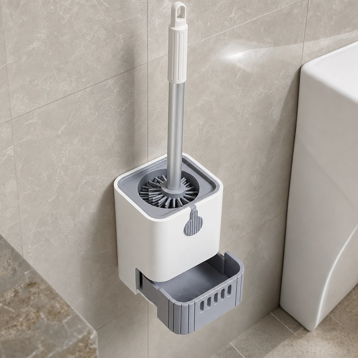 Verdelisse wall-mounted toilet brush holder in white with the grey drip tray slid out for emptying