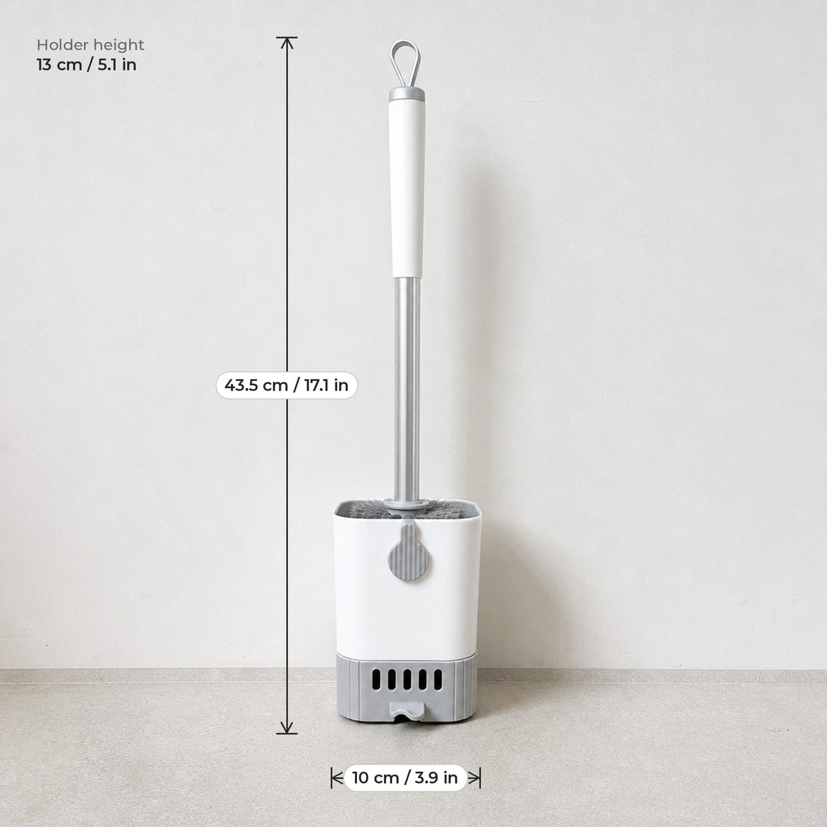 Verdelisse toilet brush kit dimensions: 43.5 cm / 17.1 in high, holder 13 x 10 cm / 5.1 x 3.9 in