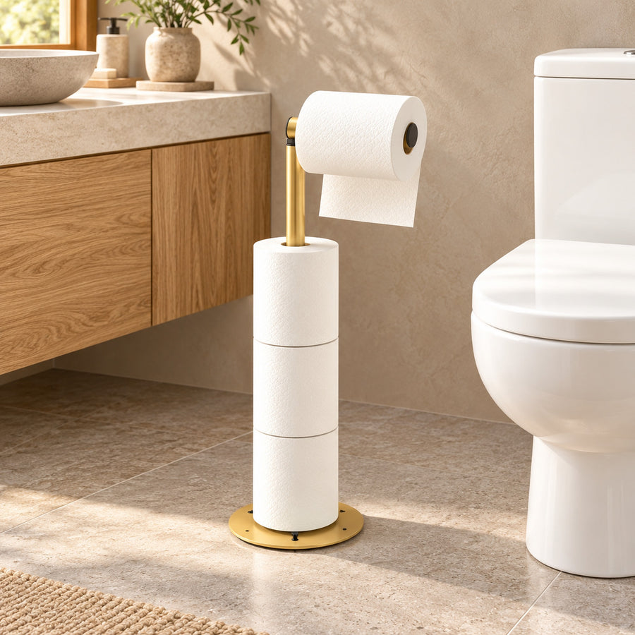 Verdelisse freestanding toilet paper holder in golden, with one roll and three spare rolls, next to a toilet in a warm modern bathroom