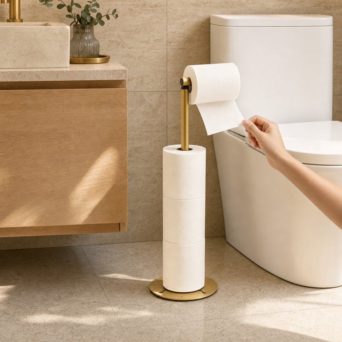 Hand tearing a sheet from the golden Verdelisse freestanding toilet paper holder standing next to the toilet