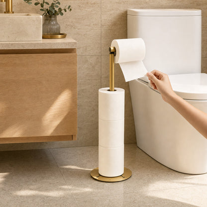 Hand tearing a sheet from the golden Verdelisse freestanding toilet paper holder standing next to the toilet
