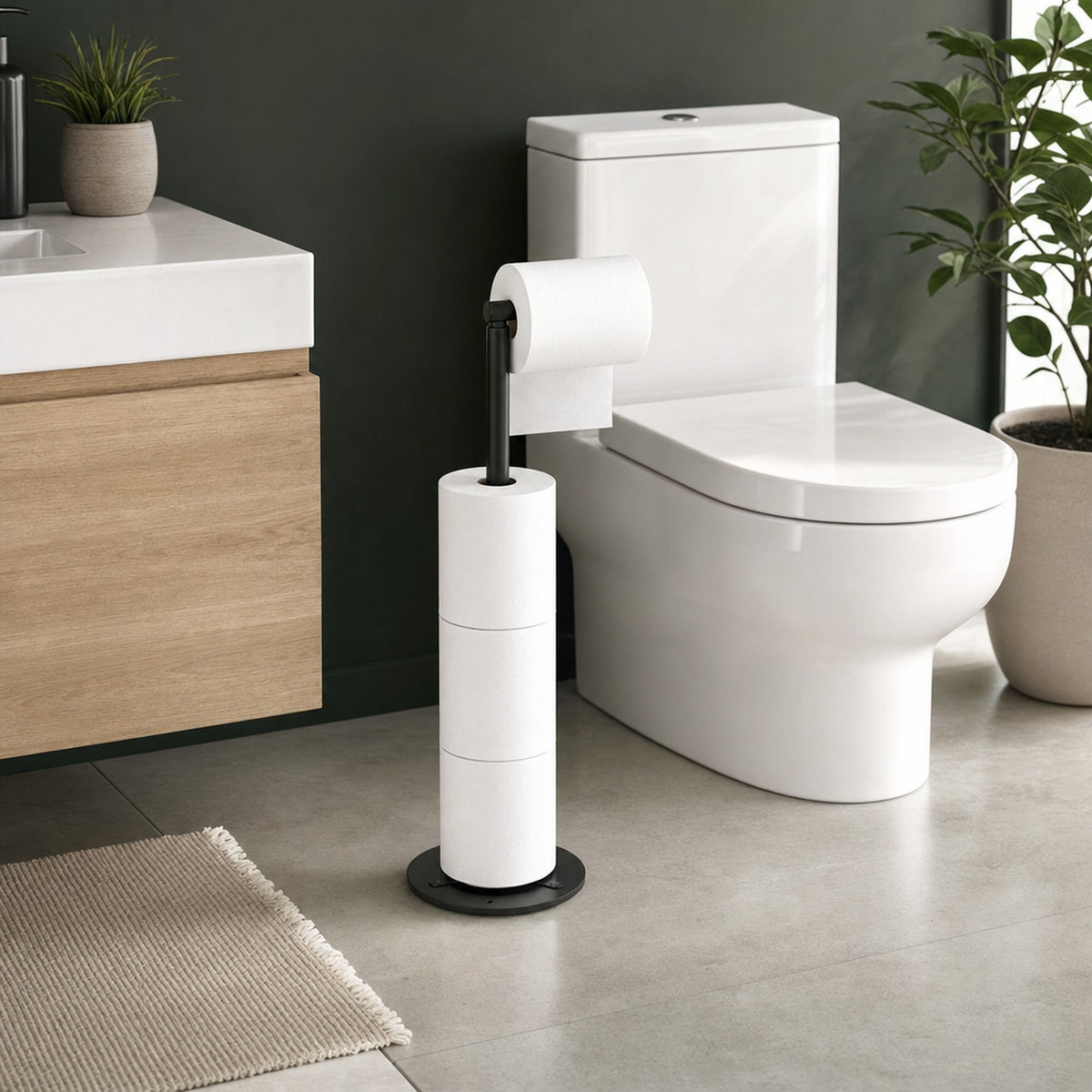 Matte black Verdelisse freestanding toilet paper holder beside a toilet in a bathroom with a dark green wall