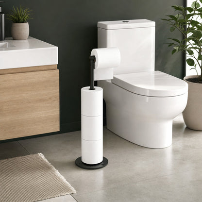 Matte black Verdelisse freestanding toilet paper holder beside a toilet in a bathroom with a dark green wall