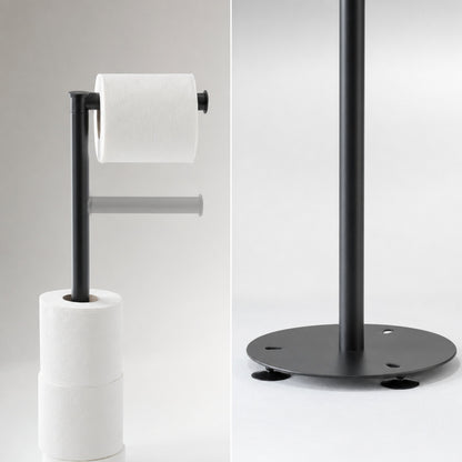 Close-ups of the Verdelisse toilet paper holder: foldable top arm and round base with suction cups