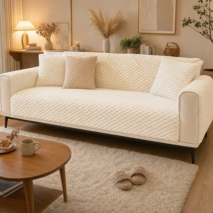 Verdelisse Velvet Couch Cover in Creamy White on a sofa in a cozy living room with matching honeycomb pillows