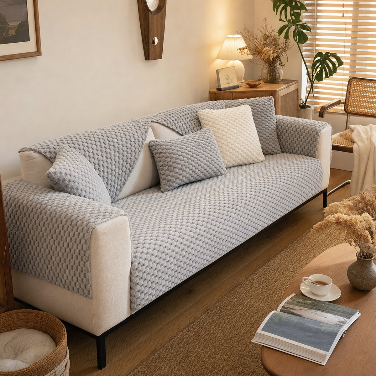 Verdelisse Velvet Couch Cover in French Gray on a sofa in a warm living room