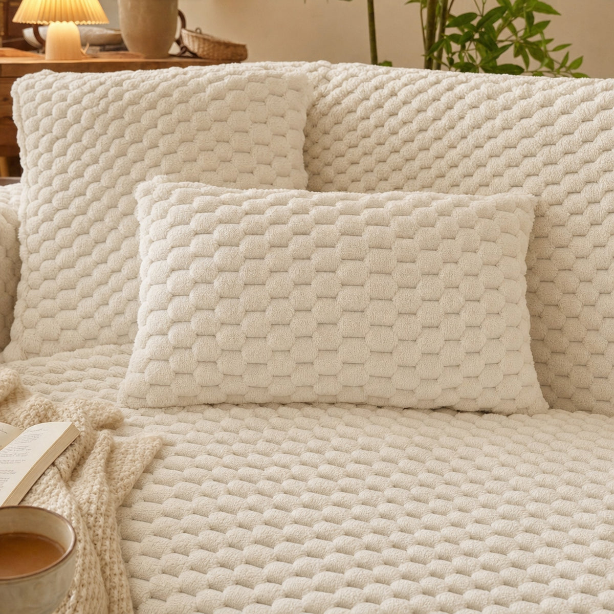 Verdelisse Velvet Couch Cover in Creamy White, close-up of the raised honeycomb velvet texture