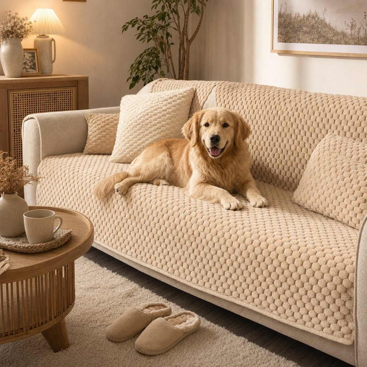 Verdelisse Velvet Couch Cover in Light Coffee with a dog relaxing on the covered sofa