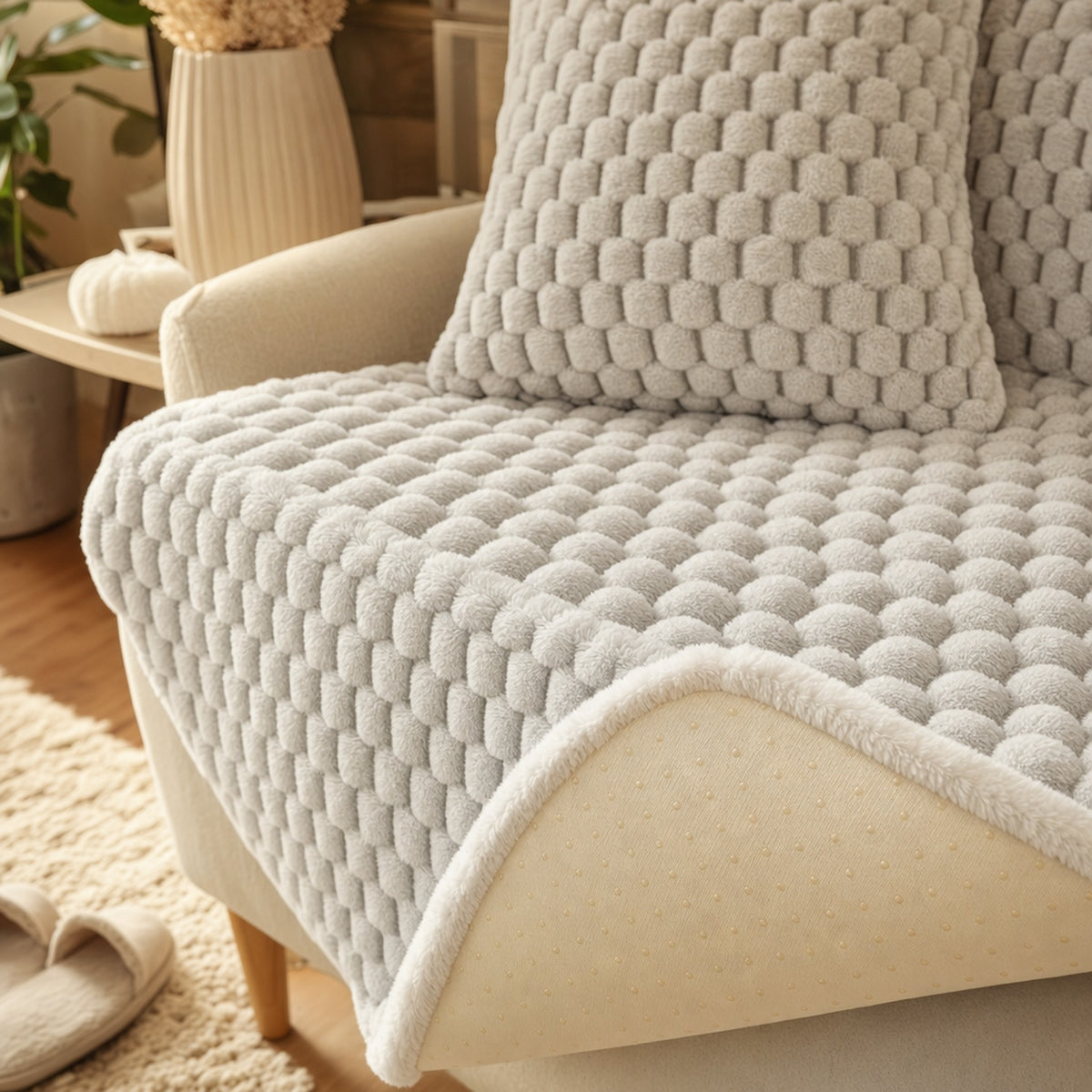 Verdelisse Velvet Couch Cover in French Gray, corner folded back to show the non-slip backing