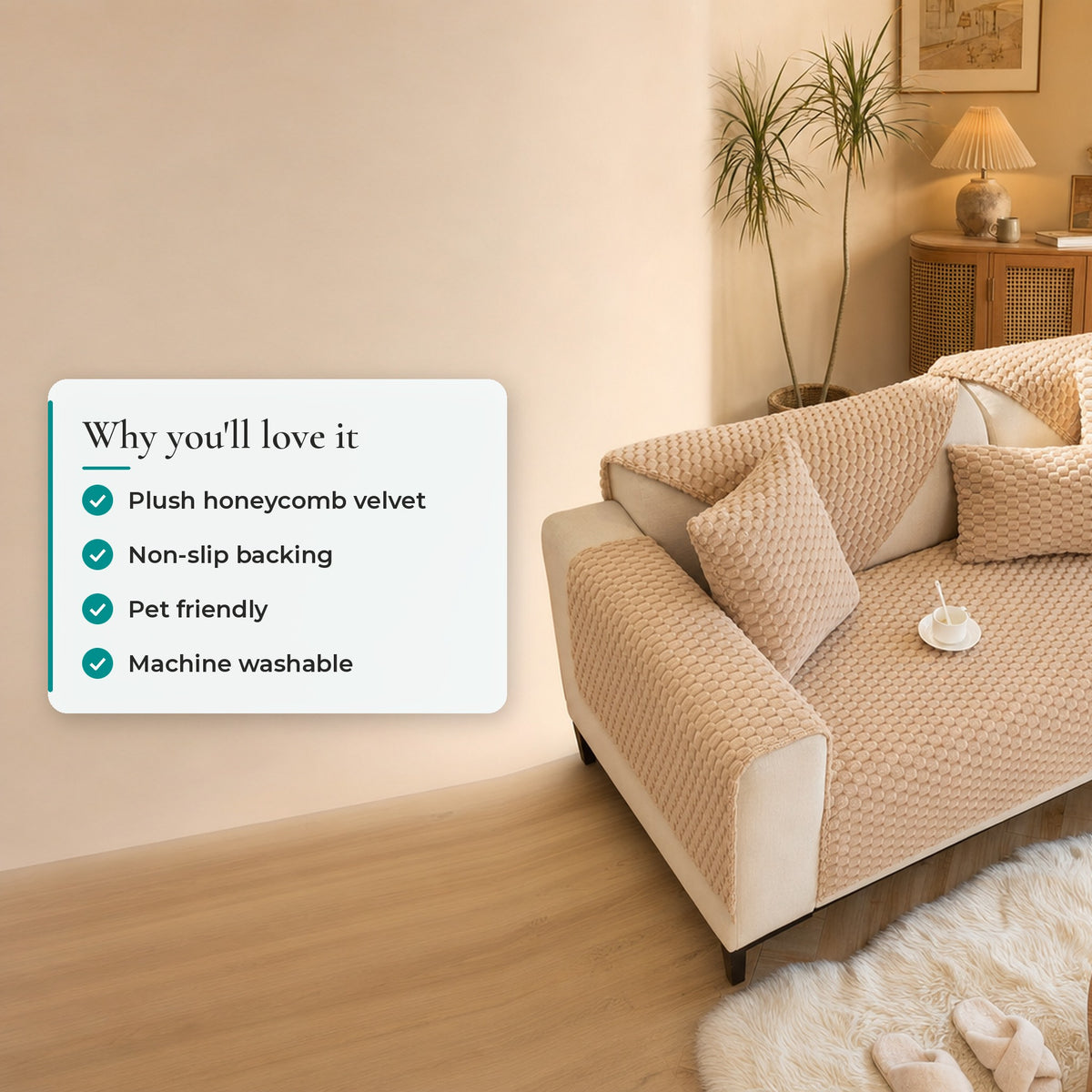Verdelisse Velvet Couch Cover: Plush honeycomb velvet, Non-slip backing, Pet friendly, Machine washable
