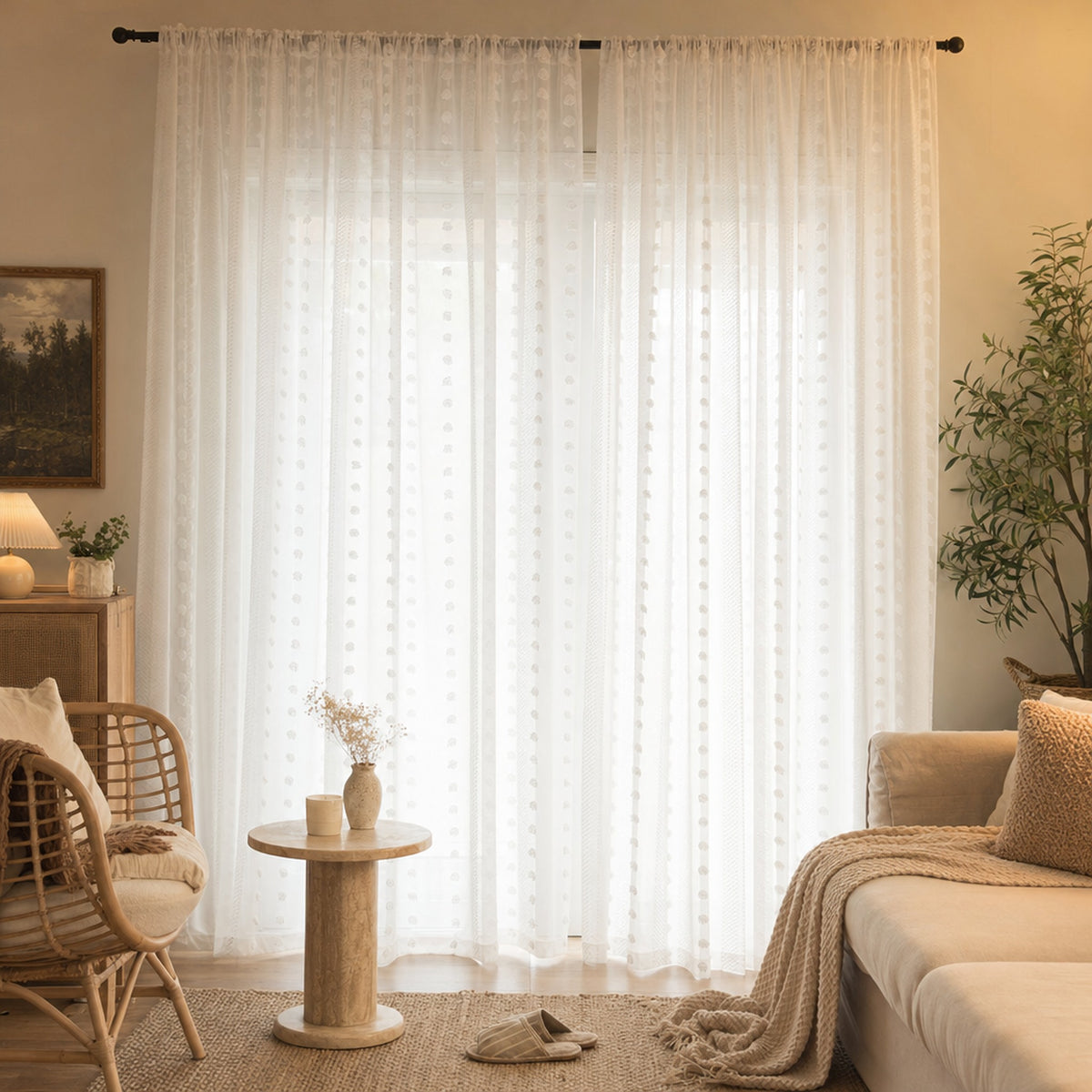 Verdelisse White Sheer Curtain in White, hanging in front of a large window in a cozy living room