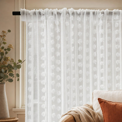 Verdelisse White Sheer Curtain rod pocket gathered on a black curtain rod