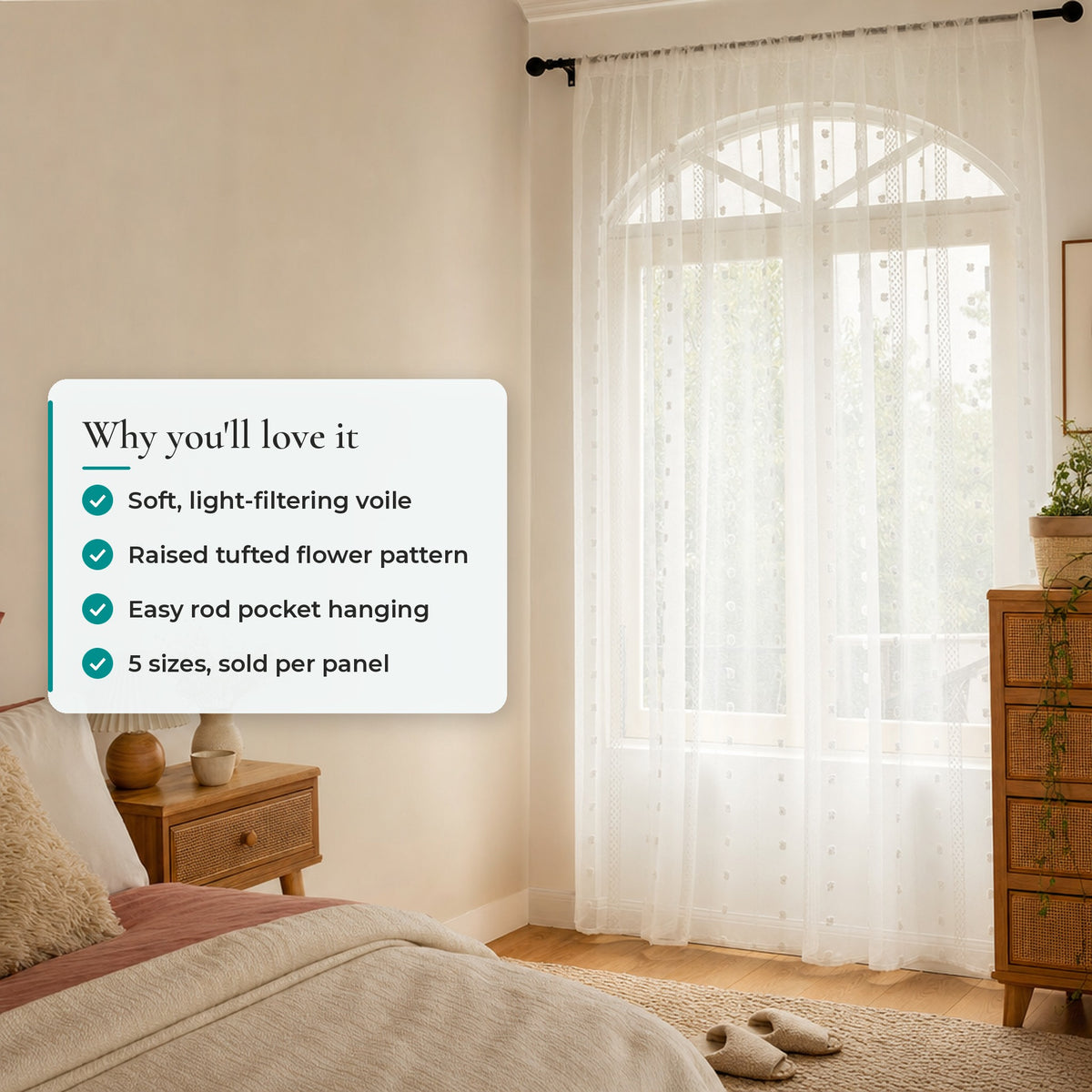 Verdelisse White Sheer Curtain: soft light-filtering voile, raised tufted flower pattern, easy rod pocket hanging, 5 sizes
