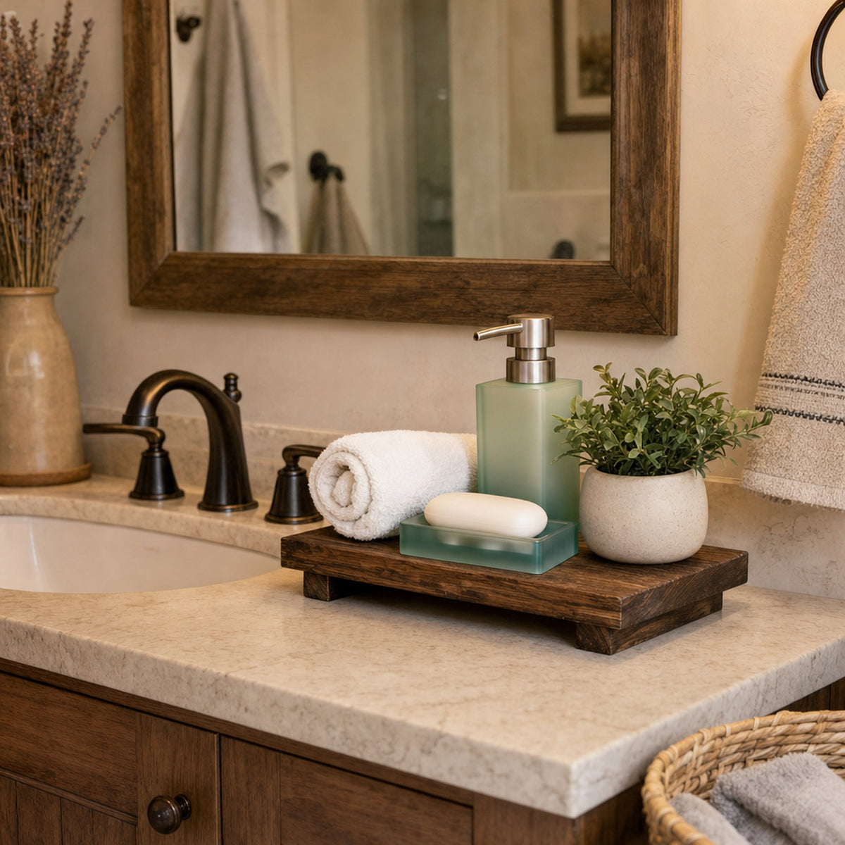 Verdelisse Wooden Bathroom Tray in Brown on a bathroom vanity holding soap, a towel and a plant