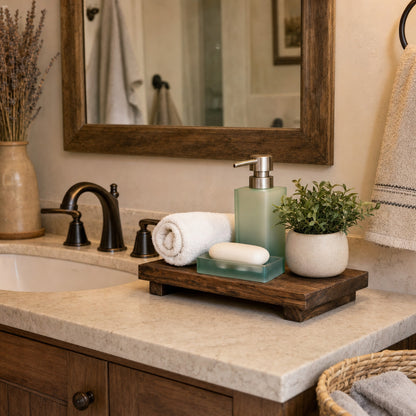 Verdelisse Wooden Bathroom Tray in Brown on a bathroom vanity holding soap, a towel and a plant