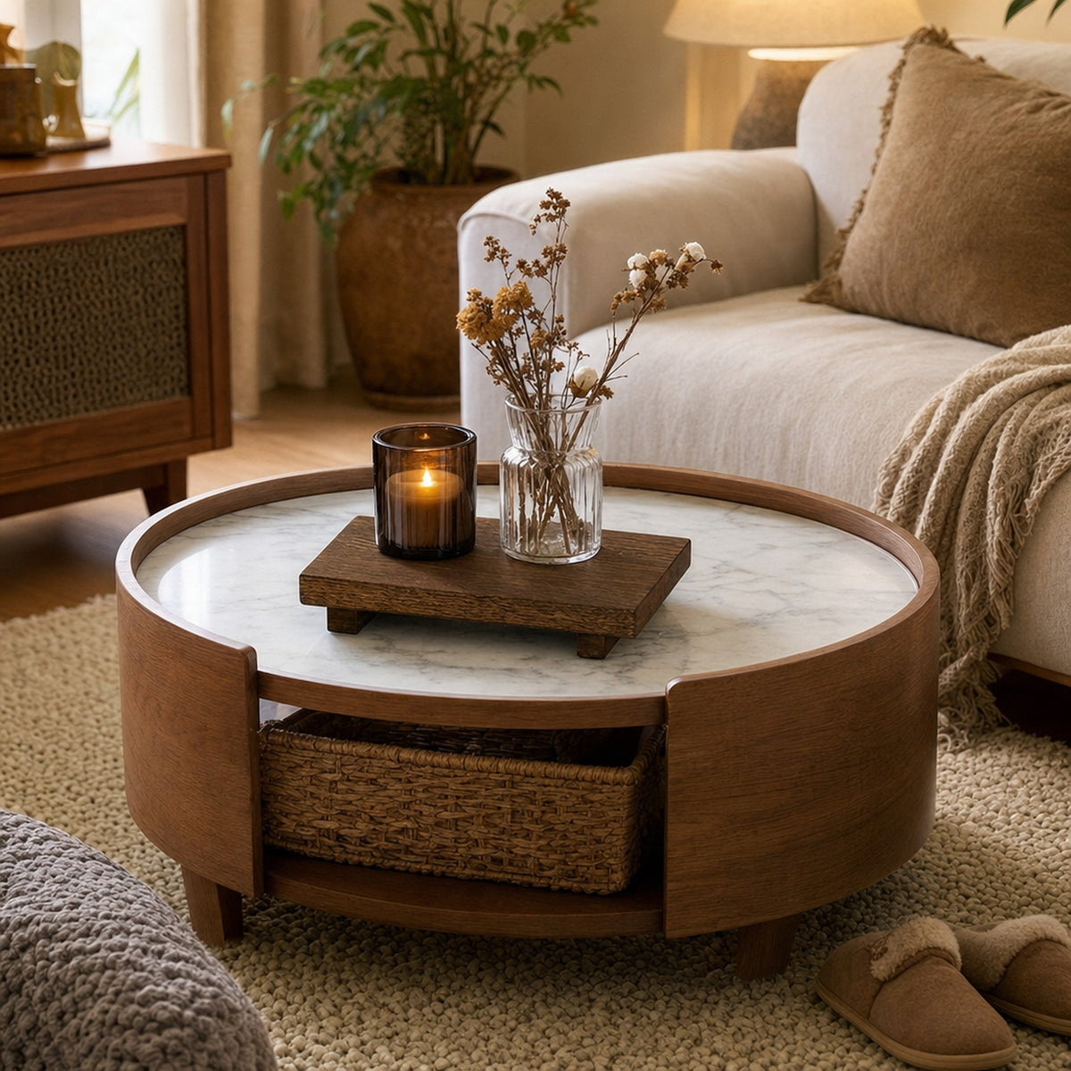 Verdelisse Wooden Bathroom Tray in Brown on a living room coffee table with a candle and dried flowers