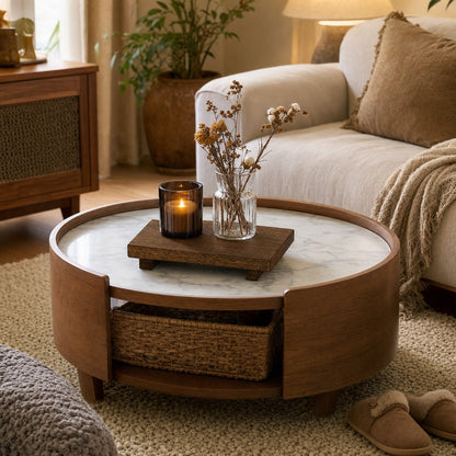 Verdelisse Wooden Bathroom Tray in Brown on a living room coffee table with a candle and dried flowers
