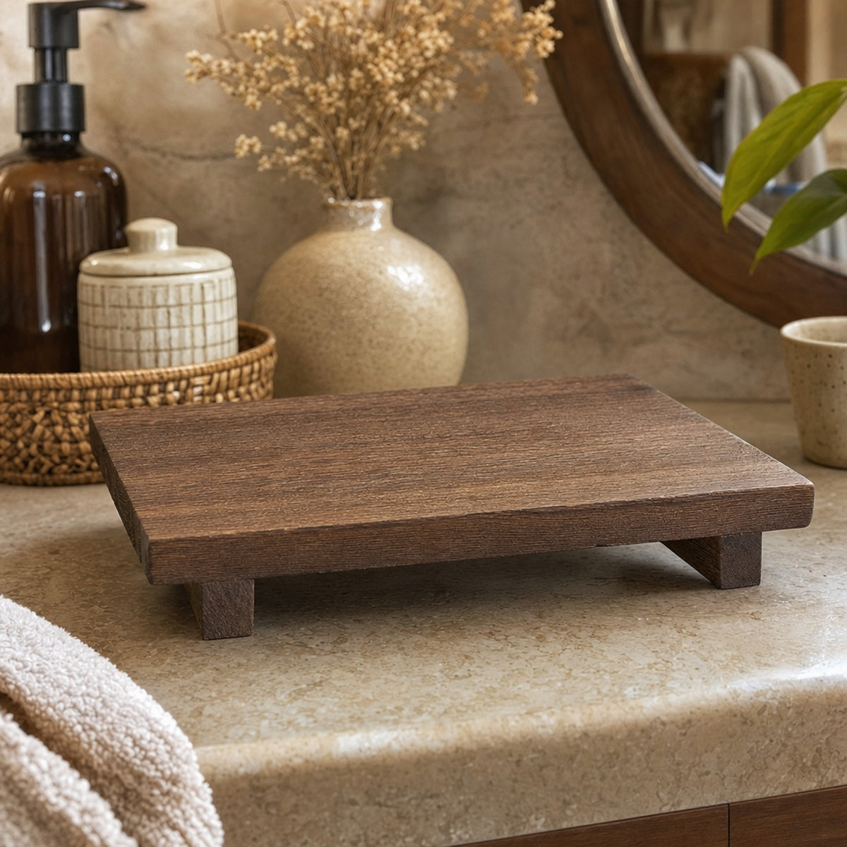 Verdelisse Wooden Bathroom Tray in Brown, raised on two square wooden feet