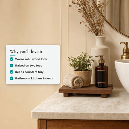 Verdelisse Wooden Bathroom Tray: Warm solid wood look, Raised on two feet, Keeps counters tidy, Bathroom, kitchen & decor