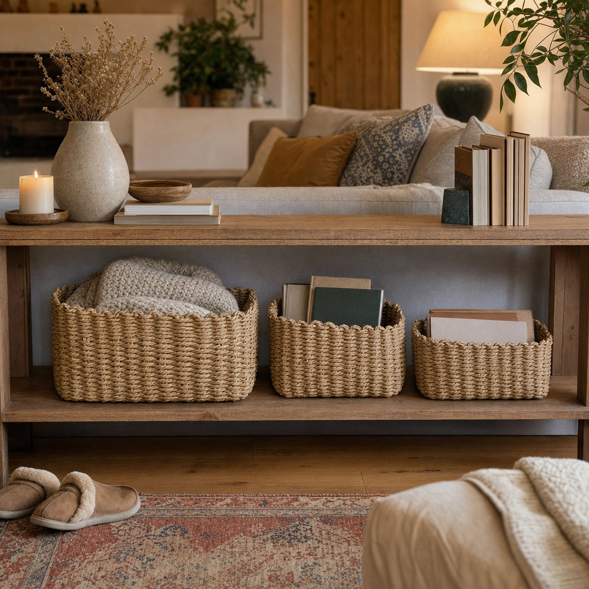 Verdelisse Woven Storage Baskets in Khaki, set of 3 on a living room shelf with throws and books